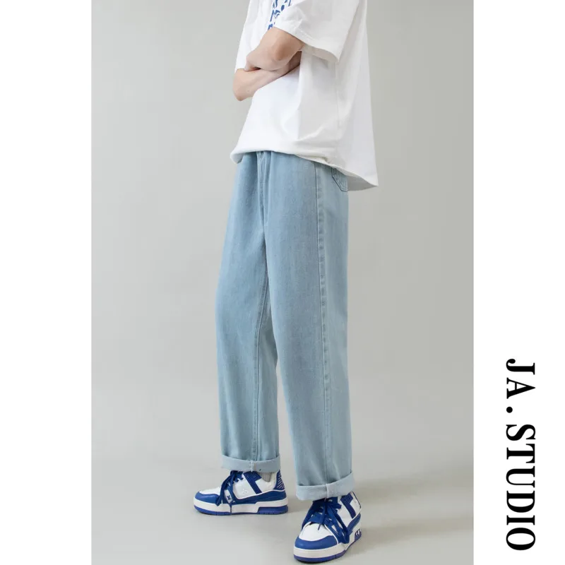 Blue/Black Jeans Men Fashion Cotton Casual Wide Leg Plaid Jeans Men Streetwear Loose Hip Hop Straight Denim Pants Mens Trousers