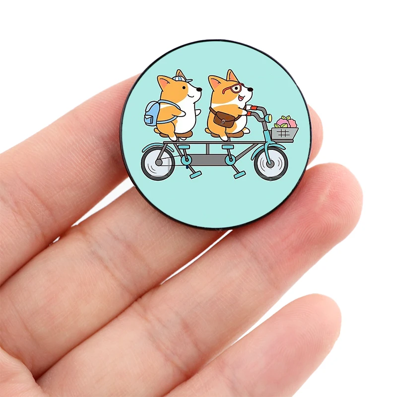 

Corgi Bicycle Printed Pin Custom Funny vintage Brooches Shirt Lapel teacher Bag Cute Badge Cartoon pins for Lover Girl Friends