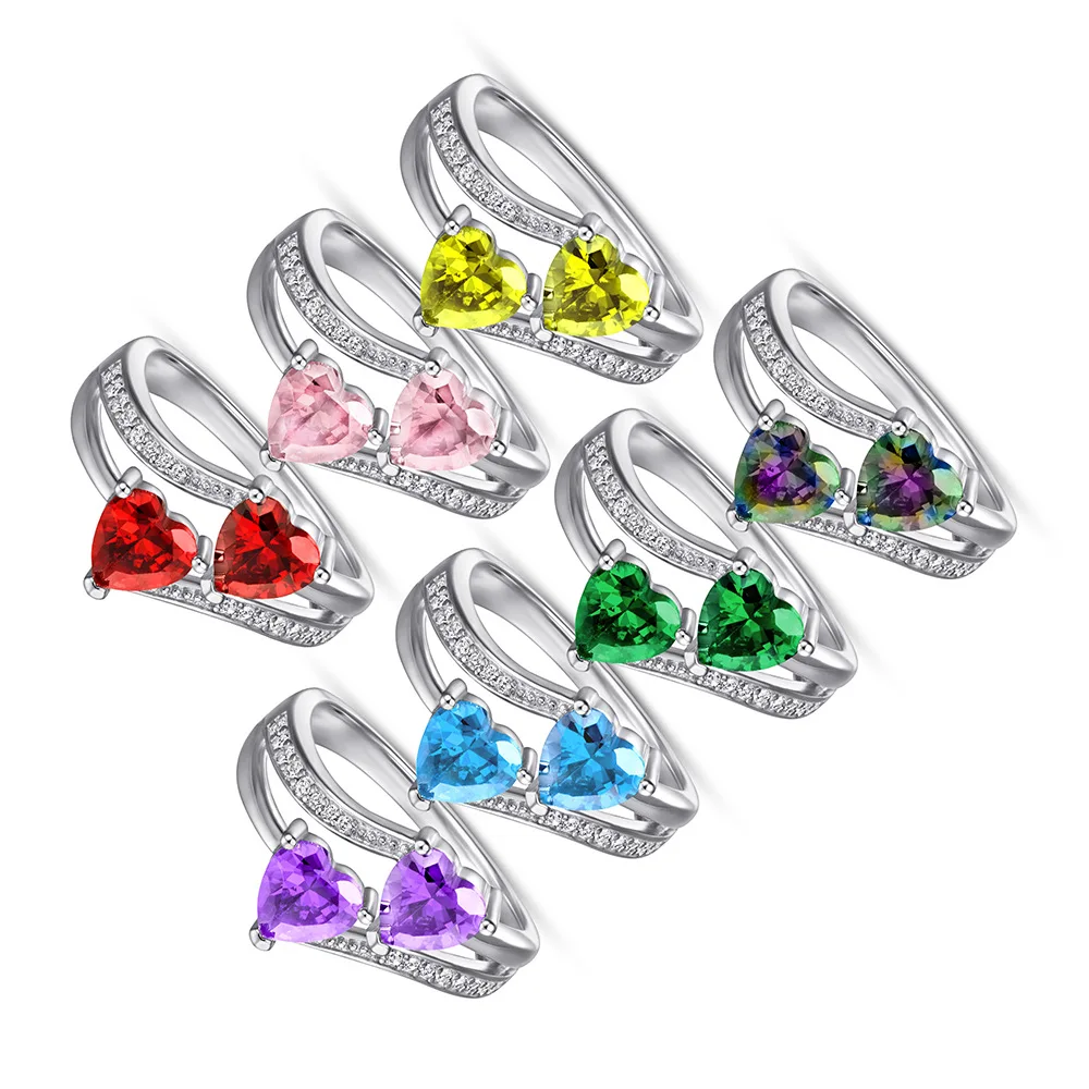 

European and American new S925 silver inlaid seven-color love-shaped 5A zircon color treasure ring wedding ring