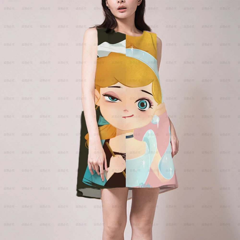 

Casual Loose Sleeveless Disney Mermaid Ariel O-Neck Mini Dress Fashion Women Summer Dress Female Beach A-line Dress Vestidos