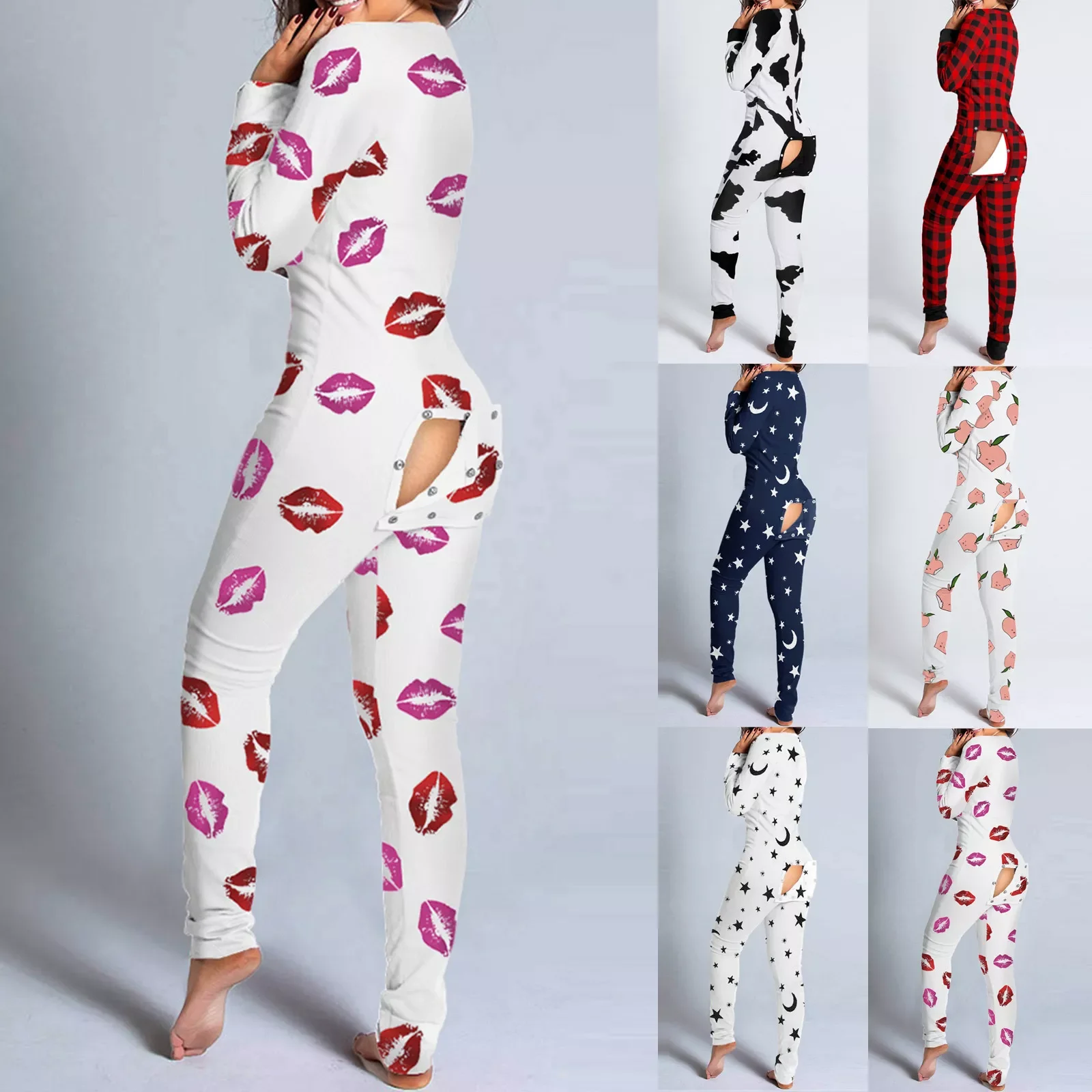 New in Pijamas Women Cutout Functional Buttoned Flap Adults Pajamas Casual Long Sleeve V-Neck Club Jumpsuit Female Home Sleepwea