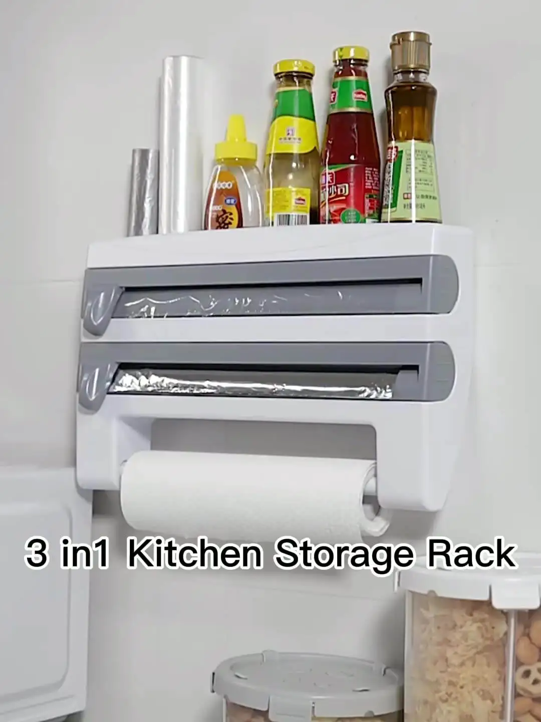 

Multi-function Kitchen Shelf Spice Storage Rack Plastic Wrap Cutting Cling Film Cutter Paper Towel Holder