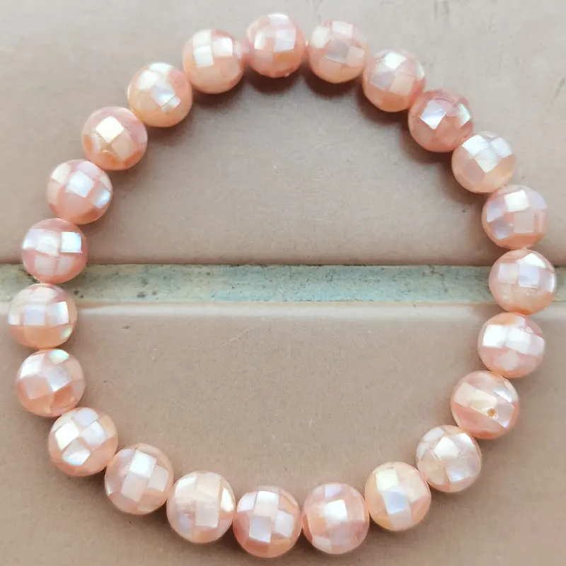 

8mm Pink Mother of Pearl Shell Round Art Women Men Beads Bracelet FG9342