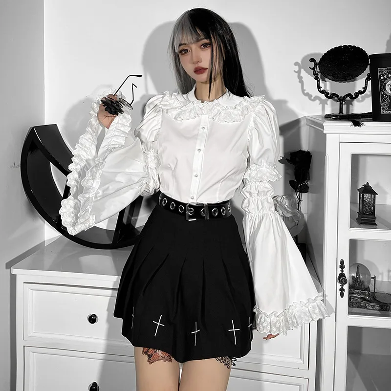 

Внутренняя рубашка в темном европейском и американском стиле, рукава-трубы, кружевной кукольный воротник, Внешний Топ