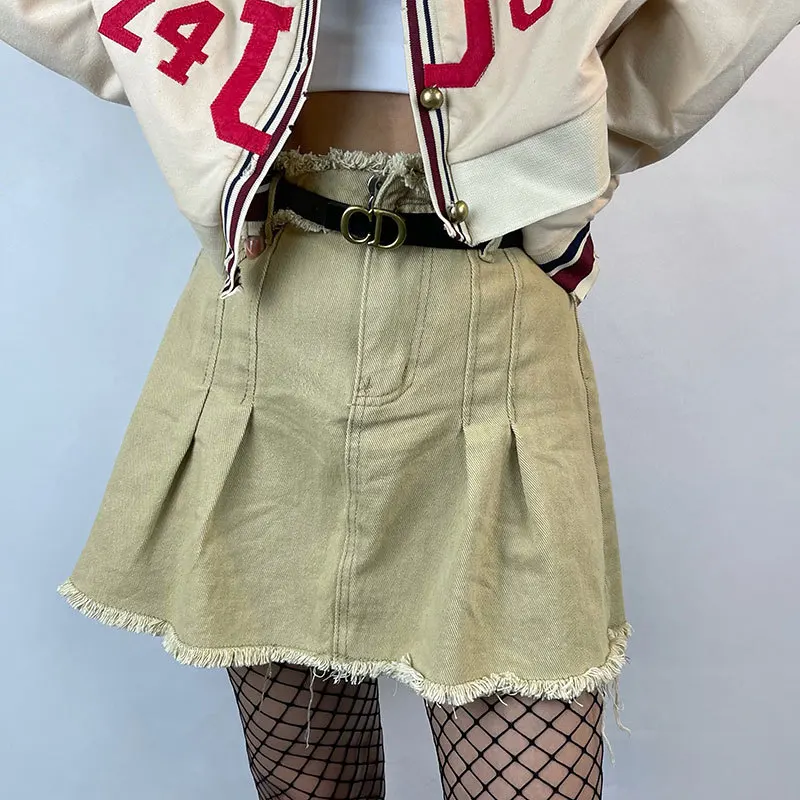 

Однотонная джинсовая мини-юбка MONMOIRA с высокой талией для девушек, весна, Y2K, Джинсовая юбка в стиле панк с бахромой, женская уличная одежда