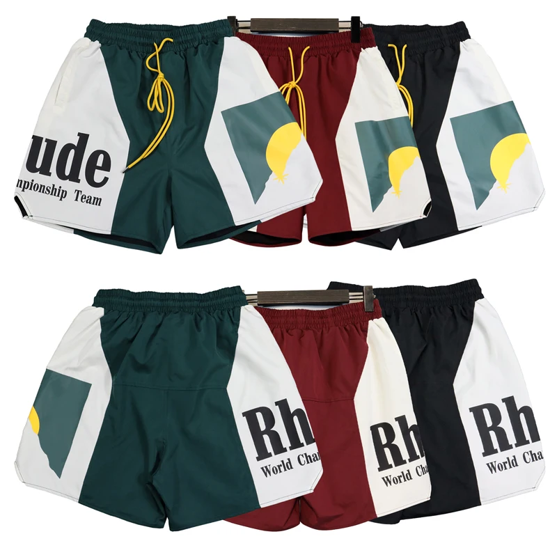 Big RHUDE Panel Logo Patchwork Shorts Sunset Print Men Women High Quality Mesh Ventilate Beach Yellow Drawstring Shortpant