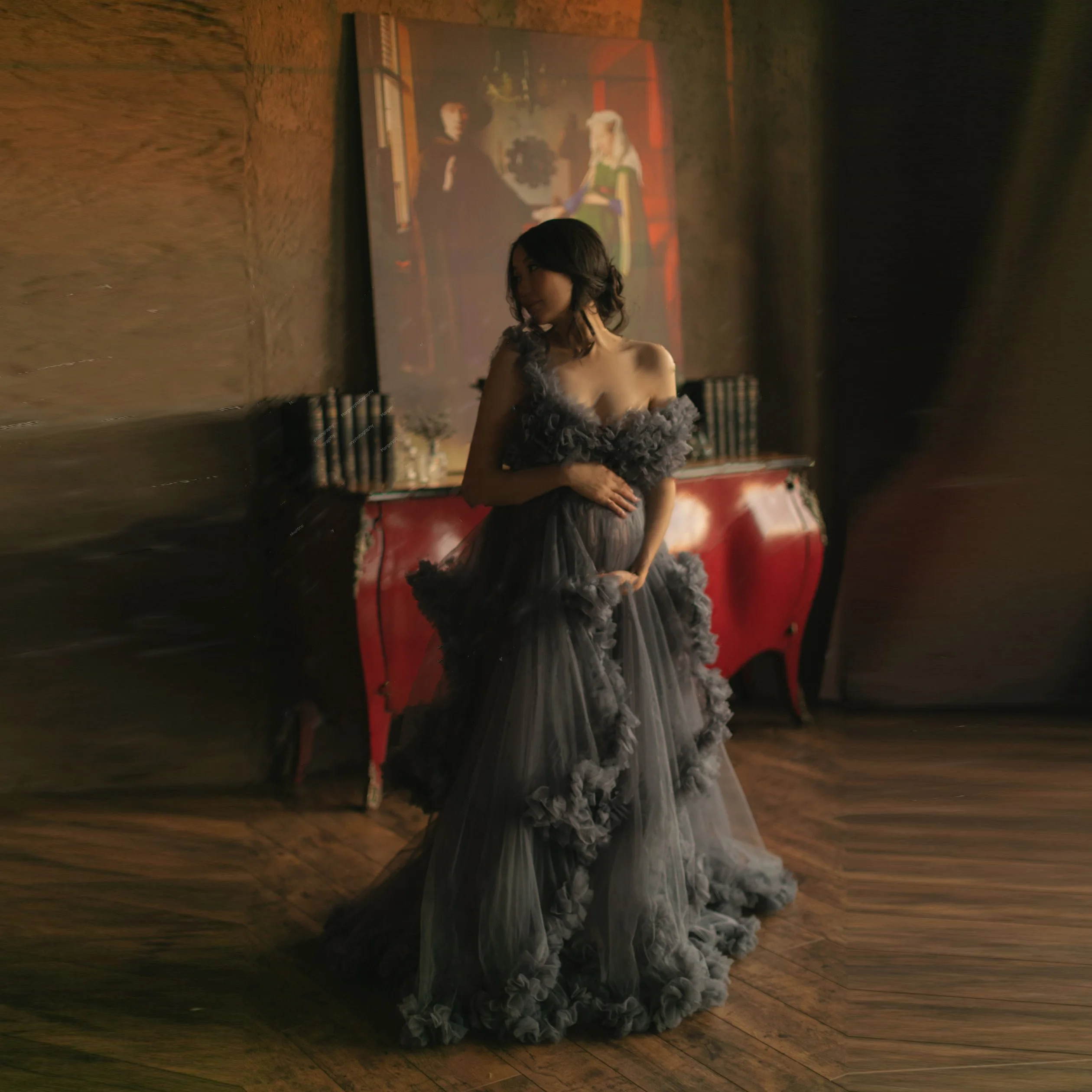 

Pregnancy Photography Dresses Dark Gray V Neck Tulle Photo Shoot Gowns Maternity Dress Baby Shower Dress Gorgeous