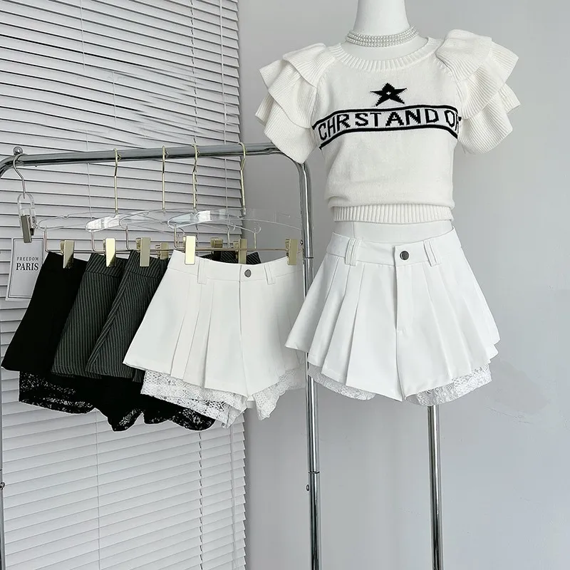 Women's Lace Patchwork Short Summer Chic Solid Color High Waist Pleated Shorts Lady Streetwear Short Pants