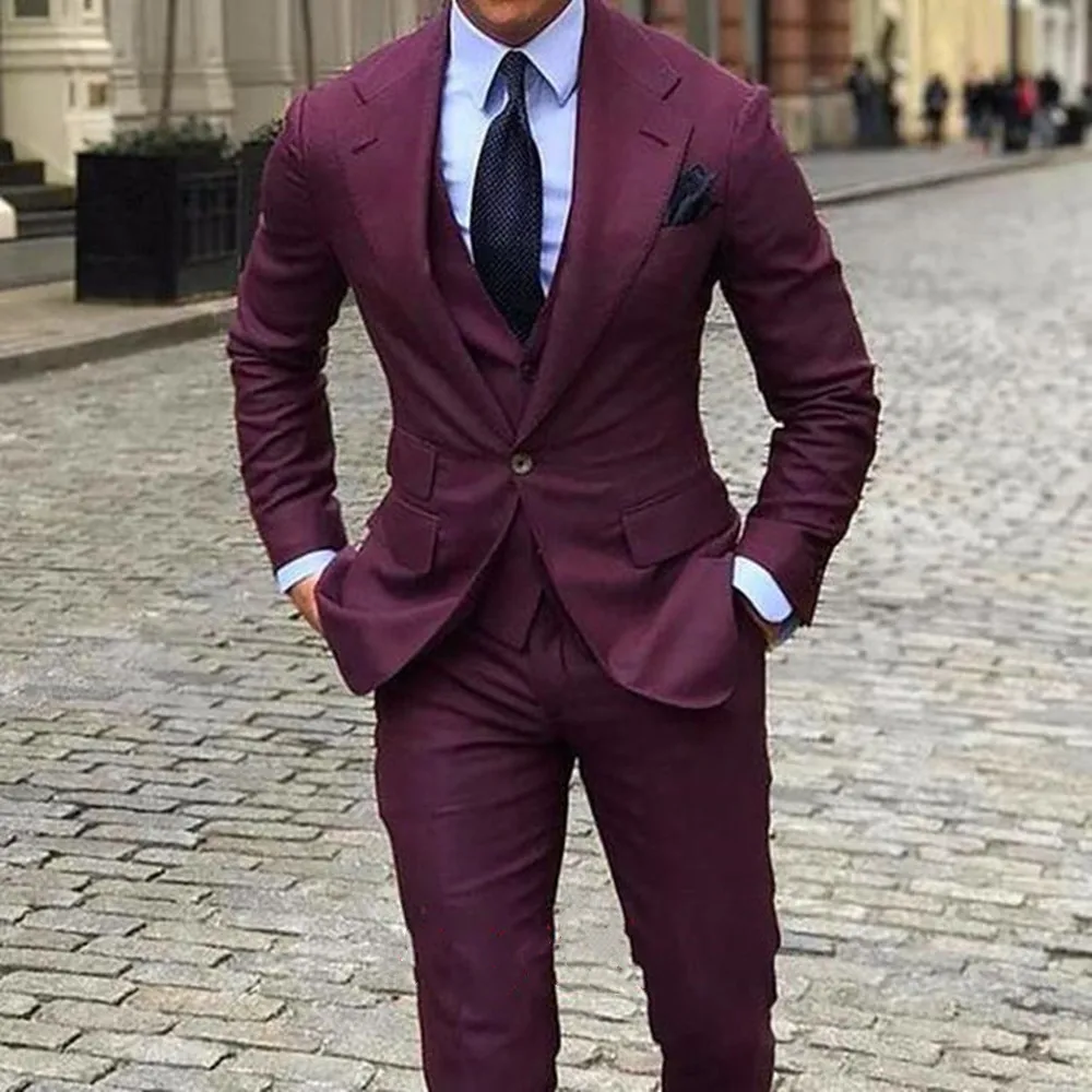 

2022 New Burgundy Men Suit 3 Pieces Wedding Suits Classic Mens Costume Business Formal Party Slim Fit Tuxedos (Jacket+Pant+Vest)