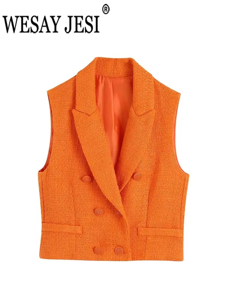 

WESAY JESI Fashion New Sleeveless Blazer Jacket Vest Solid Color Orange Double Breasted Suit Collar Office Street Women's Summer