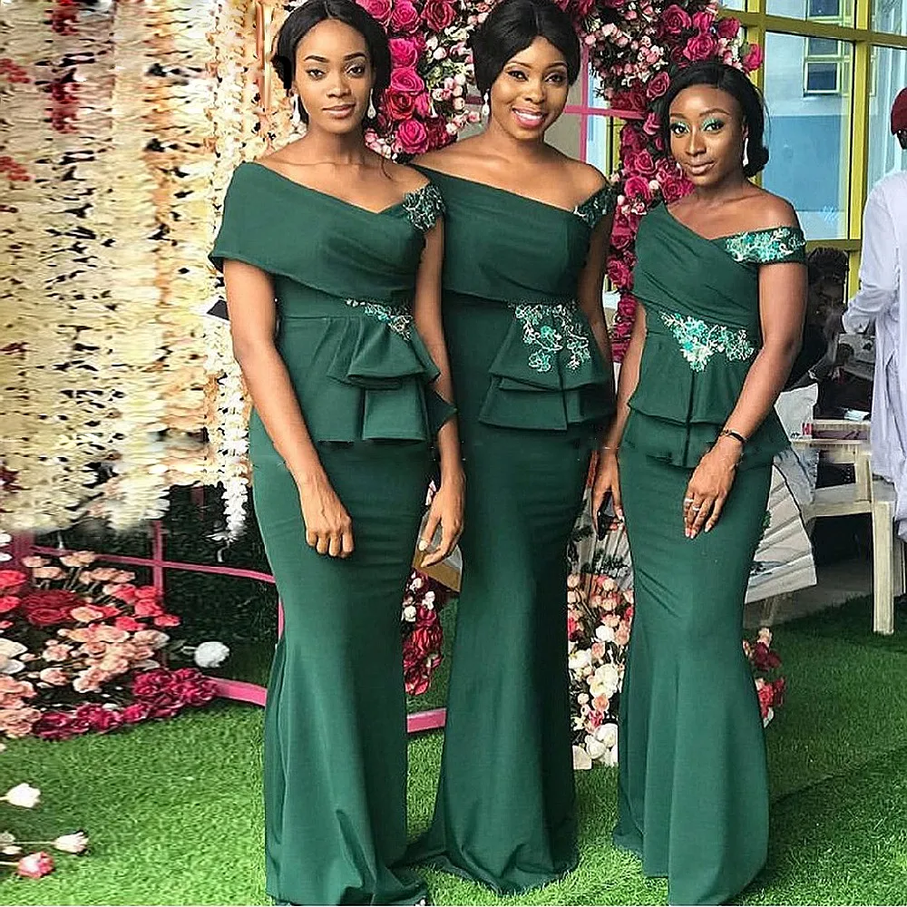 

Green Mermaid Bridesmaid Dresses Long V Neck Peplum Appliques Maid Of Honor Dress African Wedding Party Gowns Aso Ebi Styles