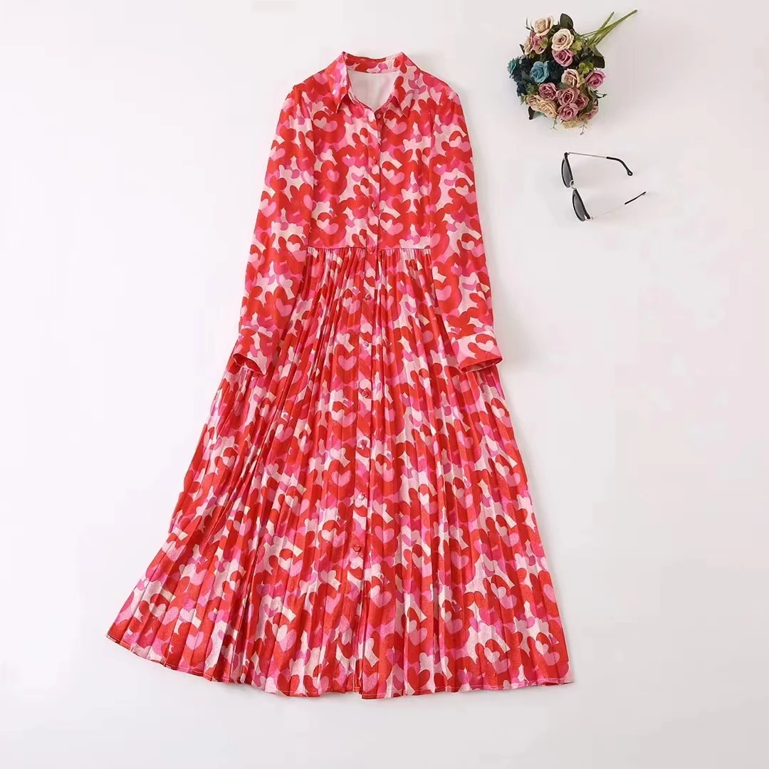 

Женская одежда в европейском и американском стиле, осень 2022, новые стили, модное плиссированное платье с длинным рукавом и отложным воротником, XXL