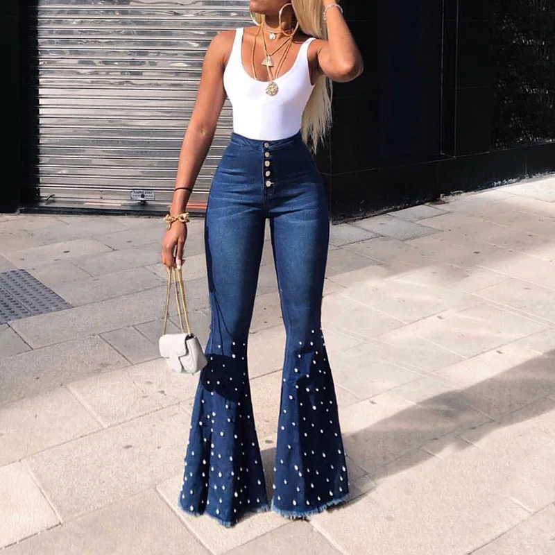 Women's Raw Hem Flare Jeans Autumn Fashion Woman Denim Pants High Waist Full Length Slim Jeans