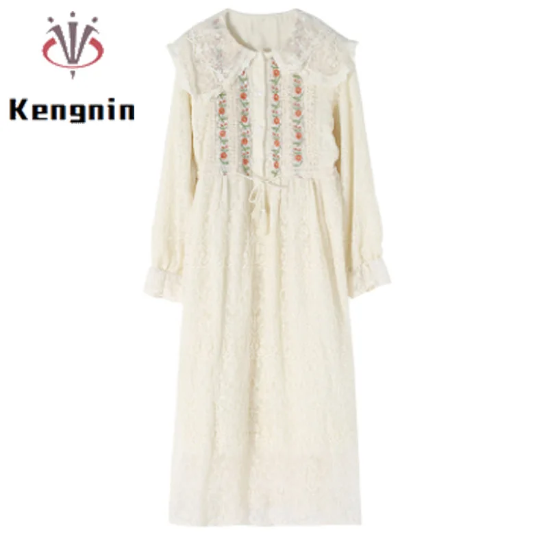 

Женские платья во французском стиле на осень 2022, женское Свободное платье с вышивкой и кружевом, платье с длинным рукавом, модель KE3005