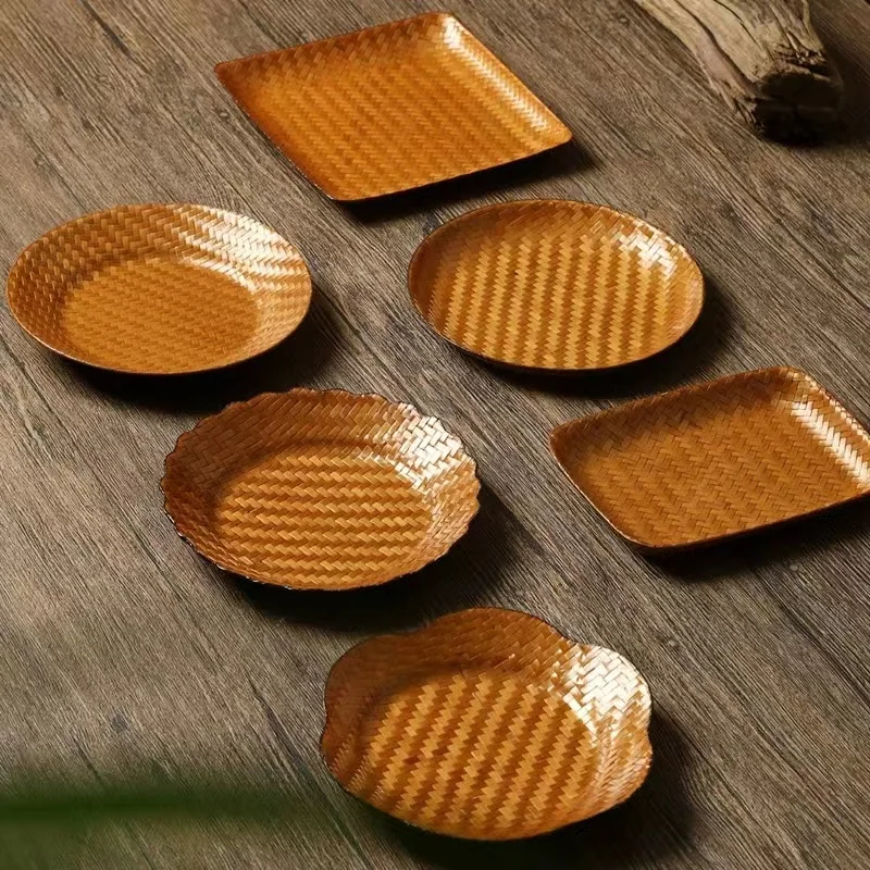 

Bamboo-woven mat tray snack basket bamboo-woven pastry heart small bamboo basket set tray basket teahouse storage tray