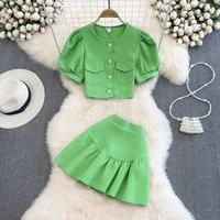 women summer office two piece set outfits casual puff sleeve shirts blouses tops and ruffle mini skirt female skirt suit sets