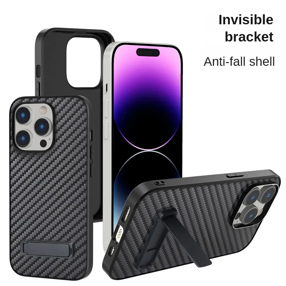 For iPhone 14 Pro Max Case Carbon Fiber Texture Ultra Thin Skin-friendly Matte Bracket Holder Shockproof Hard Cover Accessories