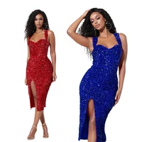 2022 summer new style womens fashion casual royal blue sexy one shoulder sequined tight fitting high slit dress eam dress