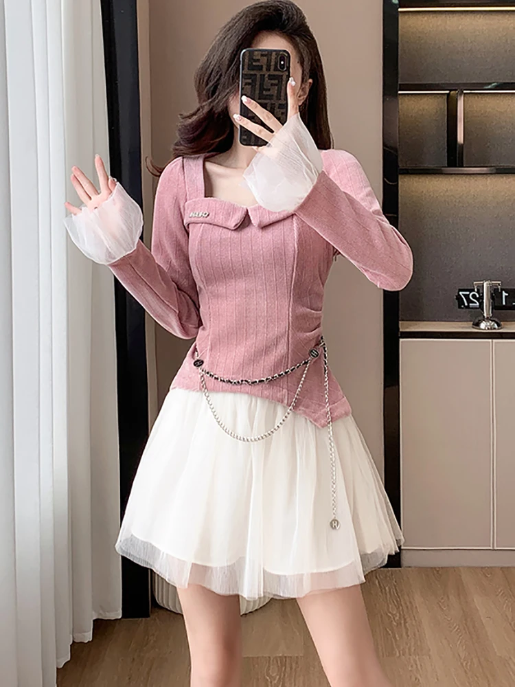 Женское розовое лоскутное белое сетчатое плиссированное платье из синели