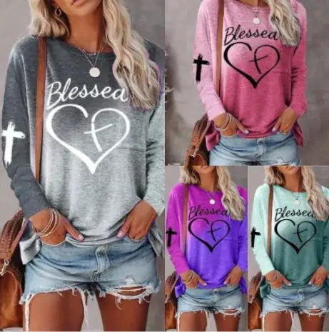 

Женская футболка с круглым вырезом, элегантный Свободный пуловер с длинным рукавом и принтом в стиле ретро, весна-осень 2023