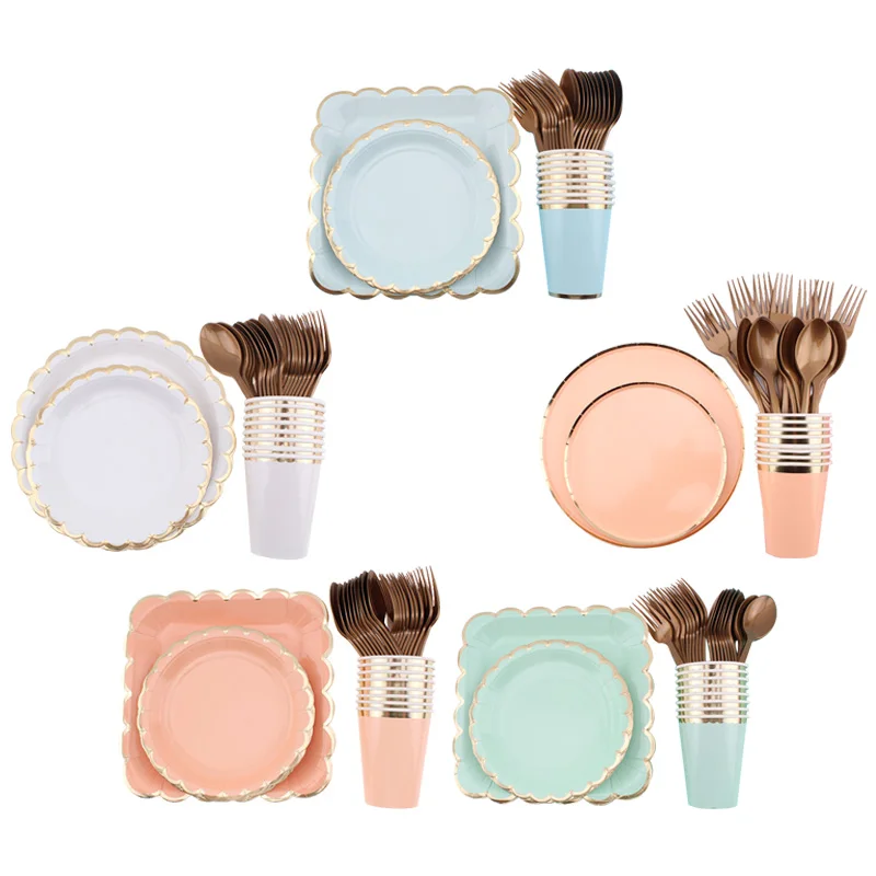 

Solid Color Bronzing Side Disposable Tableware Set Party Table Decoration Baby Shower Plates Cup Wedding Birthday Party Supplies