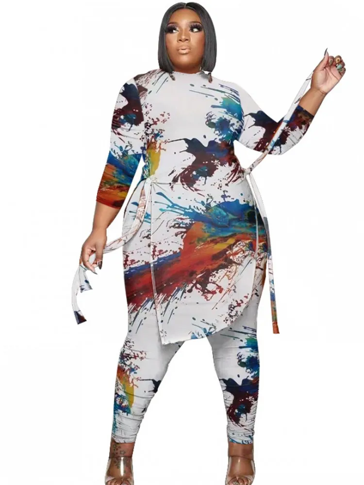 

5XL Plus Size Sets Women Clothes 2 Piece Set Tie Dye Long Top And Pant Suits Fashion New Lace Up Street Style Casual Outfits Set