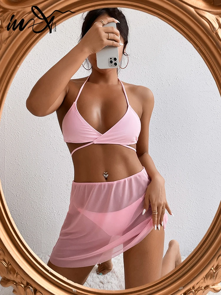 

In-X Solid halter bikini set Triangle swimsuit women Mesh skirt swimwear conjunto biquinis feminino trajes de baño mujer 2022