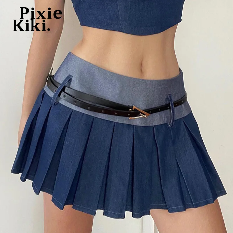 

PixieKiki Belt Blue Denim Low Waisted Mini Skirts for Woman Harajuku Fashion Pleated Skirt Y2k Japanese Streetwear P77-EB37
