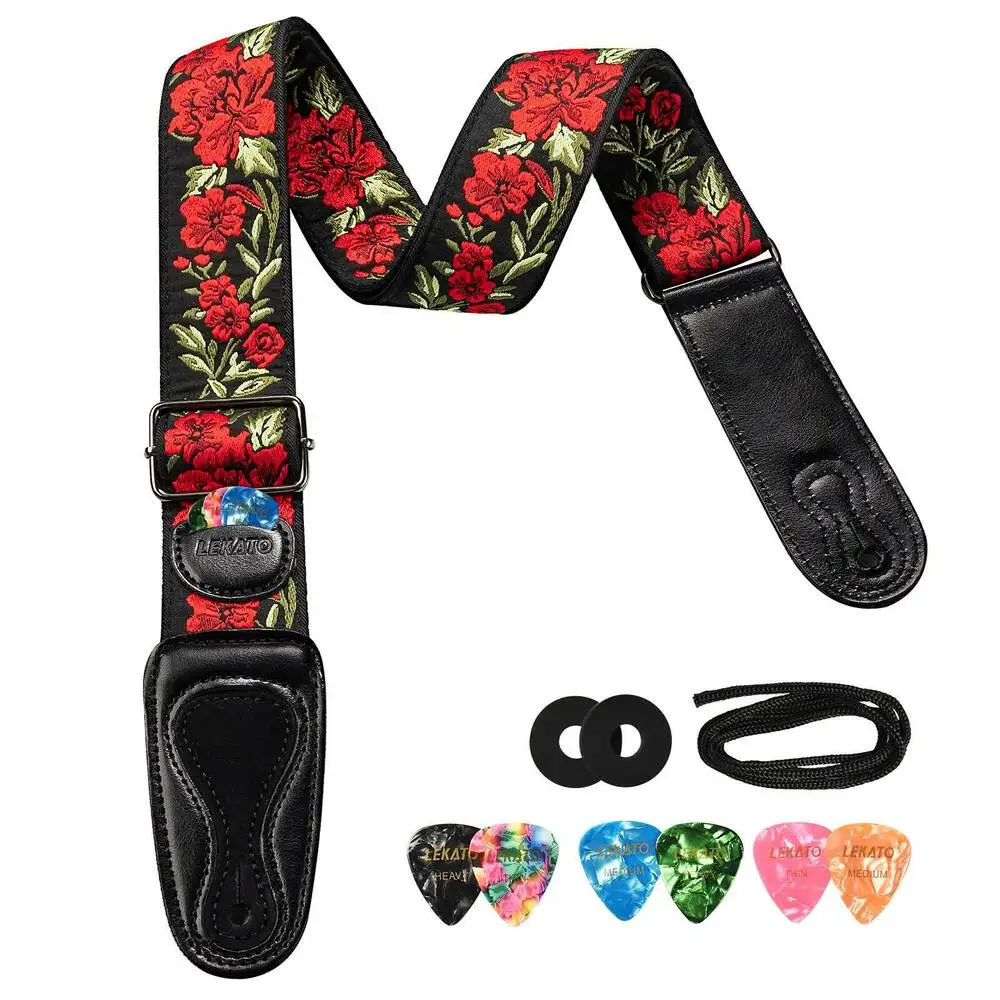 LEKATO LGS-6 Guitar Strap with 6 Picks 2 Locks for Electric Acoustic Guitar Bass