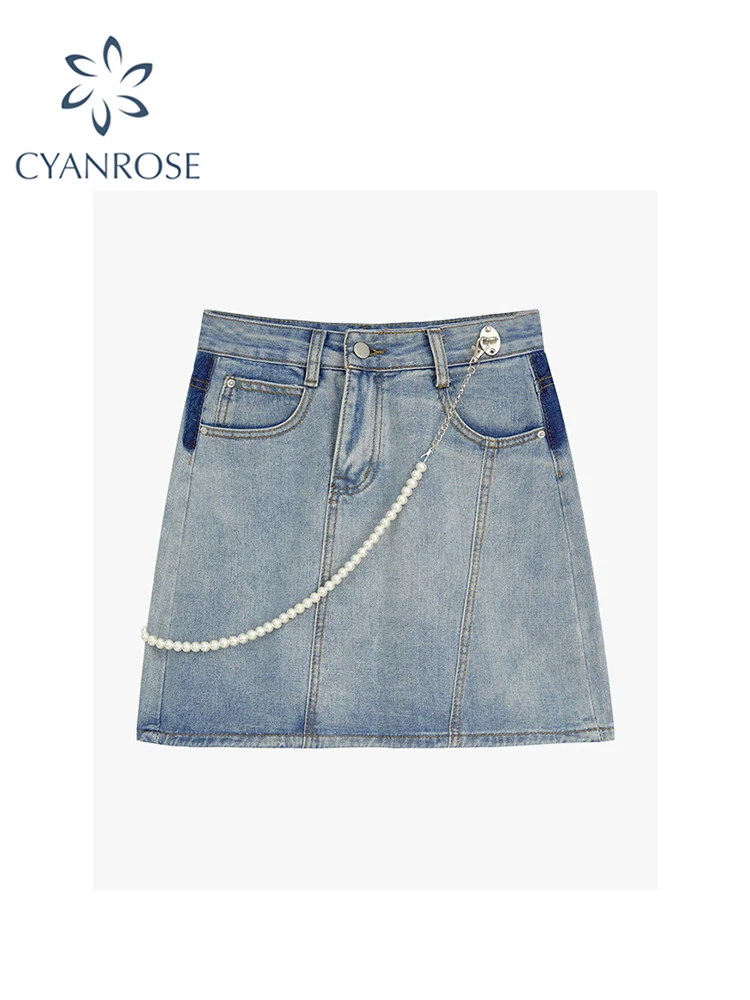 

2023 Summer Women's Denim Skirt Harajuku Y2k Kawaii Skirts Korean Vintage Blue Pearls Short A-Line Mini Skirt Streetwear Clothes