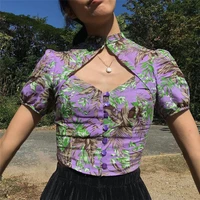 purple gothic vintage print crop top summer clothes for women corset sexy cut out short sleeve button up t shirts 90s aesthetic