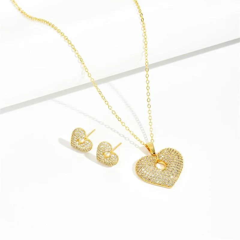 Фото Full Inlaid Zircon Openwork Heart Pendant Necklaces Earrings Jewelry Sets for Women Anniversary Gifts Party Accessories №3