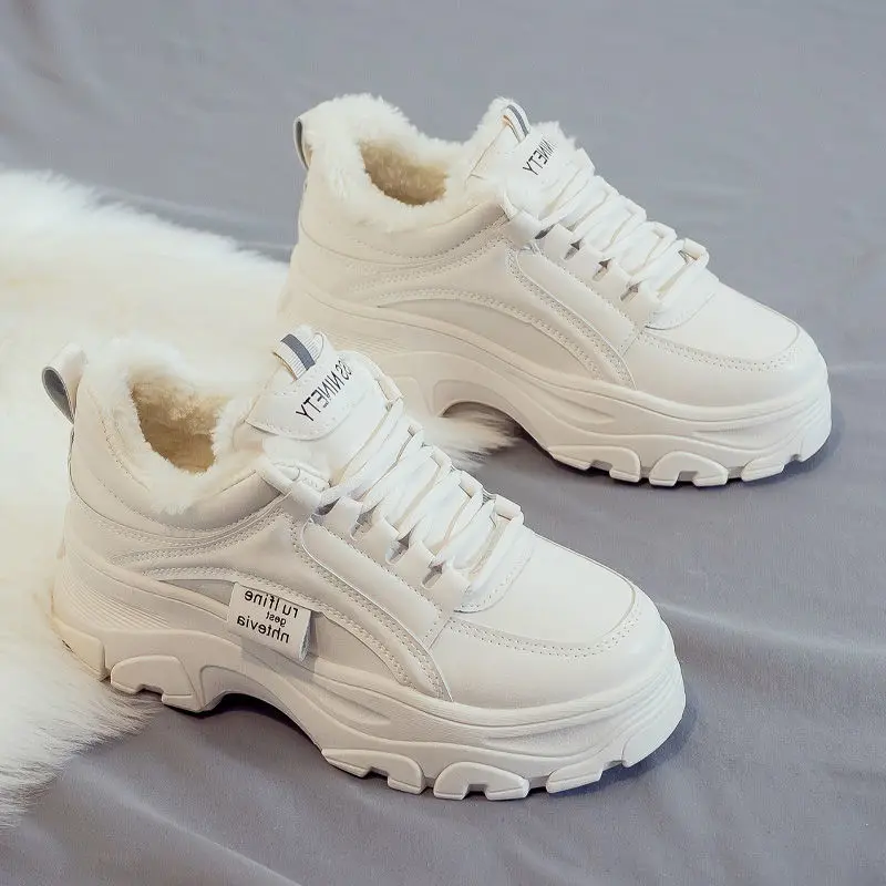 

Women's Winter Plus Velvet Sneakers 2022 New Fashion All-match Thick-soled White Shoes Thickened Non-slip Warm Snow Boots Woman
