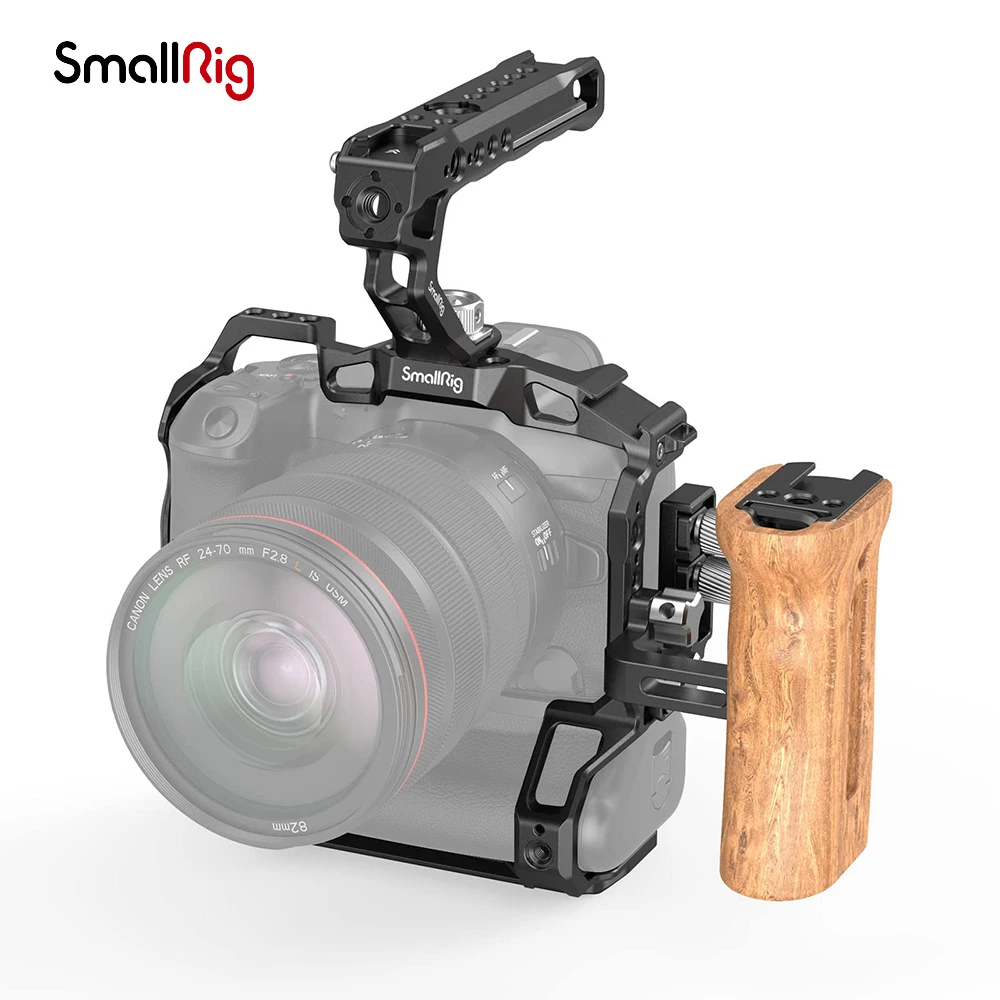 SmallRig DSLR Camera Cage with HDMI-compatible& USB-C Cable Clamp Wooden Handle Cage Rig Kit For Canon EOS R5 / R6 / R5 C 3707