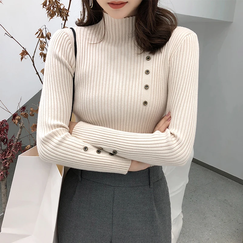 

shintimes Button Long Sleeve Women Sweater Knitted Turtleneck High Elastic Solid 2021 Winter Fashion Sweater Women Pullovers