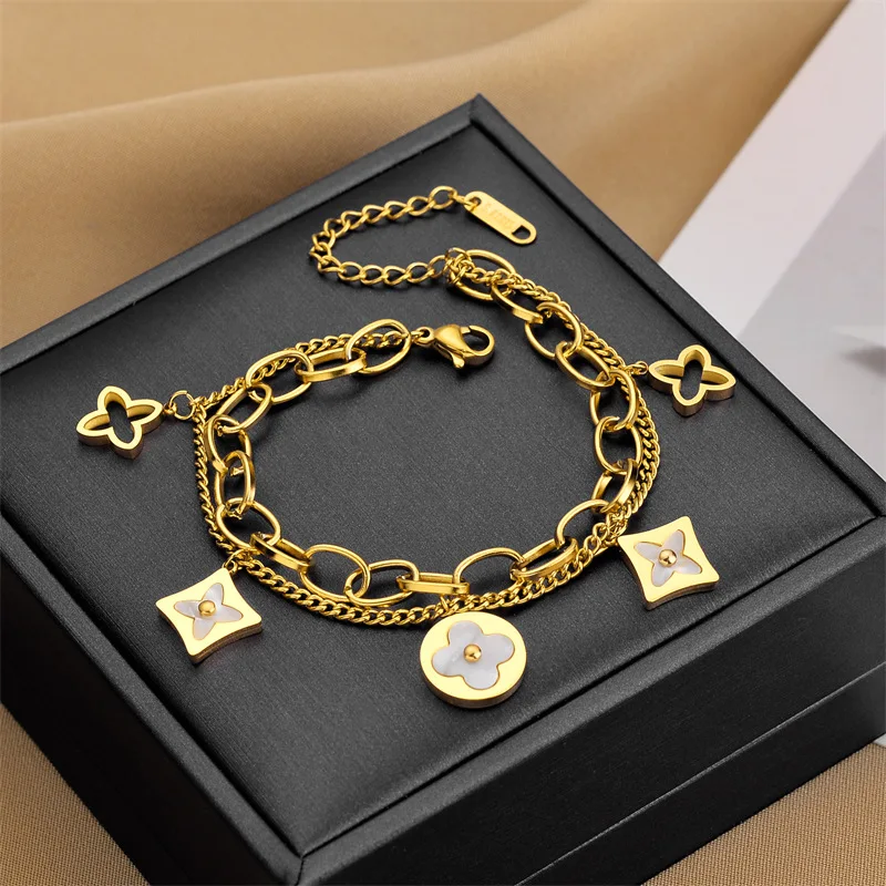

Women Bracelet Kpop Fashion Luxury Stainless Steel FourLeaf Clover Titanium Steel Two Chains Gifts Jewelry For Women 2022 New