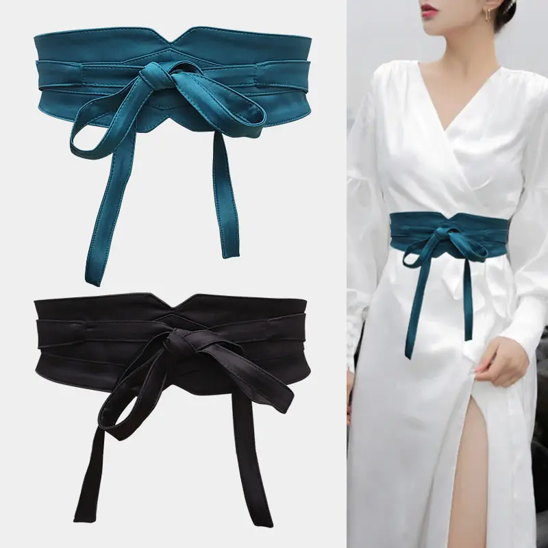 Women's Wide Waist Belt Bowknot Self Tie Wrap Around Obi Waist Band Cinch Boho Waist Belts Female Solid Color Fabric Dress Belts