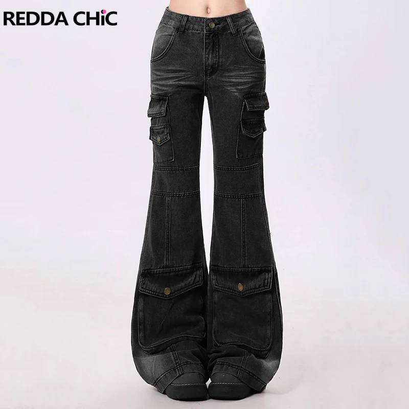 Фото REDDACHiC миниатюрные черные джинсы-карго женские брюки-клеш облегающие тяжелые джинсовые брюки с несколькими карманами и низкой посадкой в стиле ретро Harajuku уличная одежда №1