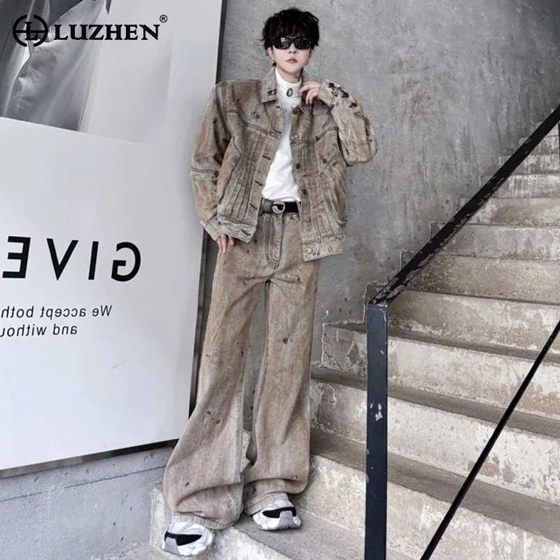 LUZHEN 2024 осенние комплекты джинсовых курток с каракулями прямые джинсы из двух