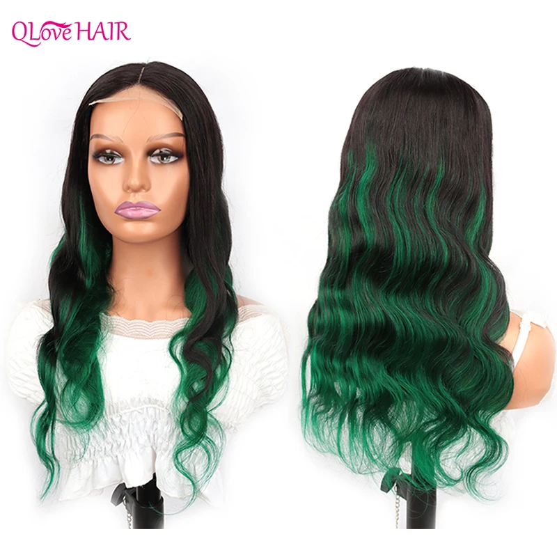 T1B/Green Ombre Color Lace Closure Human Hair Wigs Brazilian Body Wave Lace Wigs Human Hair For Women 4x4 Lace Closure Wigs