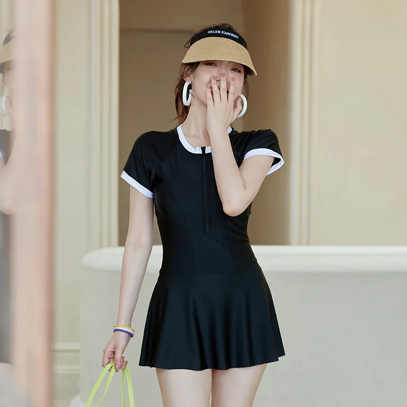 Summer Seaside Vacation Dress-Style Conservative Boxer One-Piece Anti-Exposure Swimsuit for Women