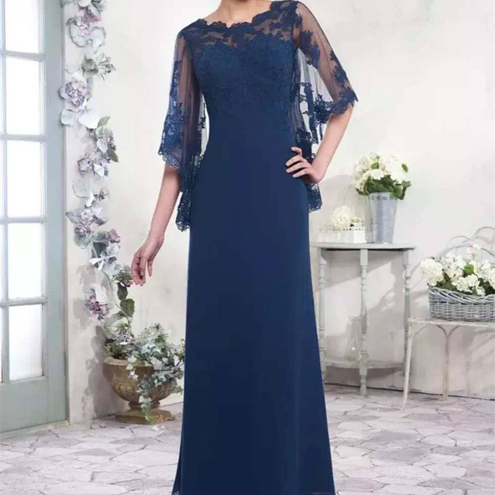 

Темно-синее платье для матери невесты, шифоновое платье с круглым вырезом, полурукавом и кружевной аппликацией, официальные свадебные вече...