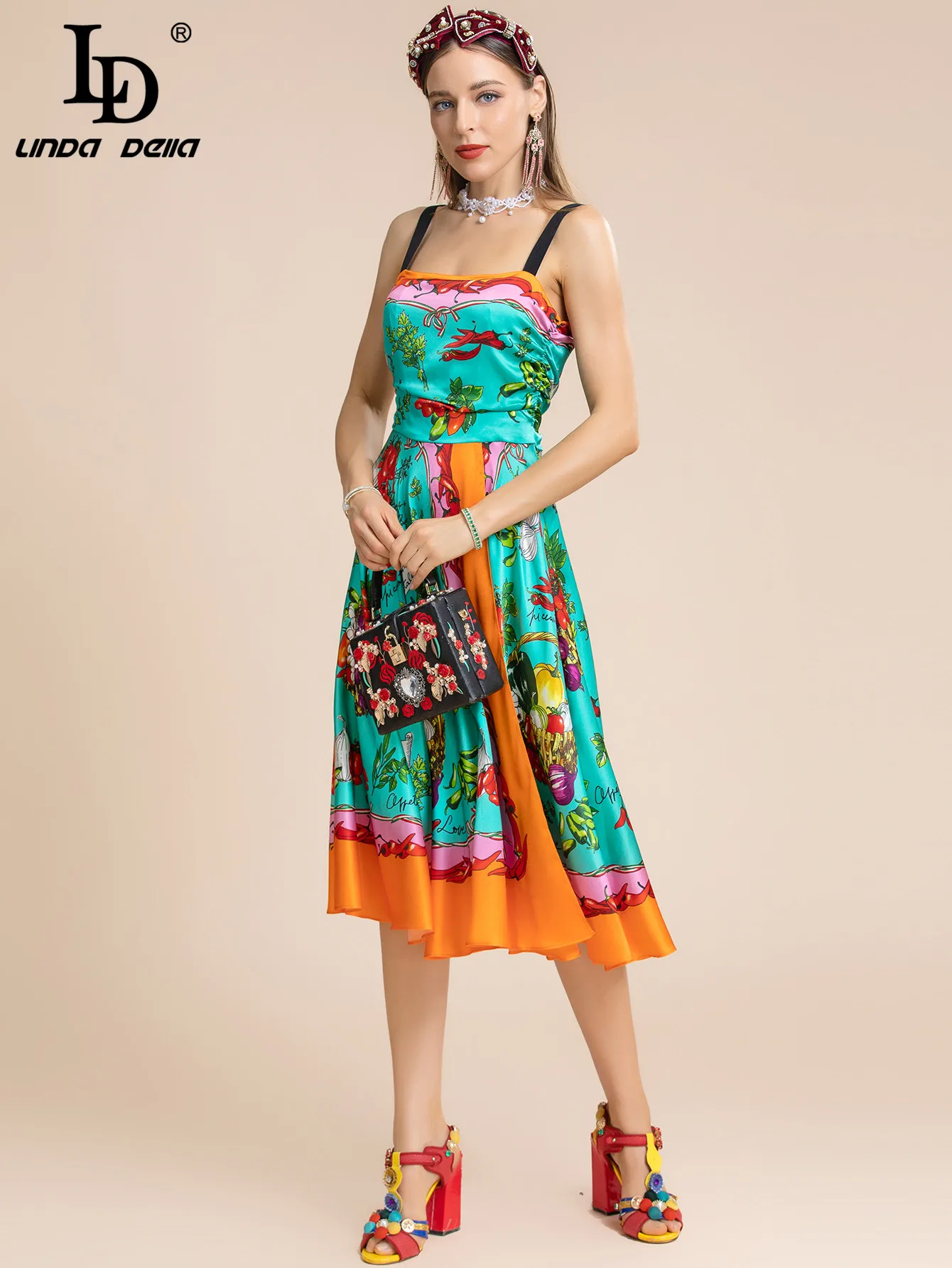 

LD LINDA DELLA Runway Designer Autumn Silk Dress Women Spaghetti Strap Vintage Fruit and Vegetable Print Party Midi Dress