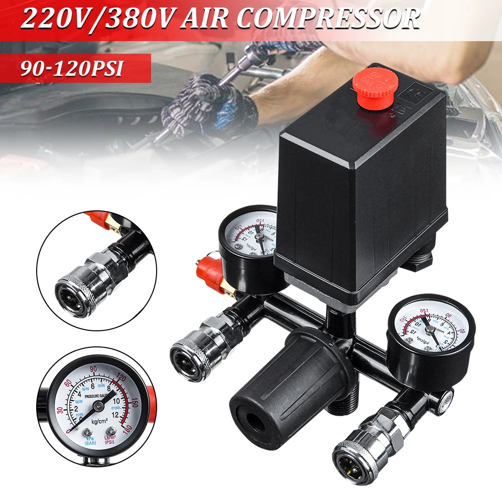 

220V/380V Air Compressor Pressure Pump Switch Manifold Relief Regulator 90-120psi Pressure Quick-Connect Gauge Control Valve