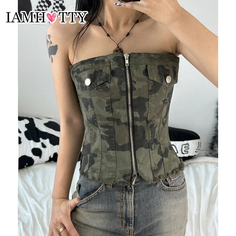 

IAMHOTTY Camouflage Print Zip-up Denim Tube Top Vintage Sexy Corset Y2K 2000s Grunge Sleeveless Tops Chic Elegant Strapless Cami