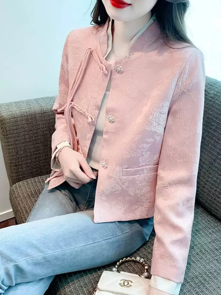 Pink Chinese Sle Graceful Outerwear Spring and Autumn European Goods Women clothes High Sense Wear Small Buckle Top