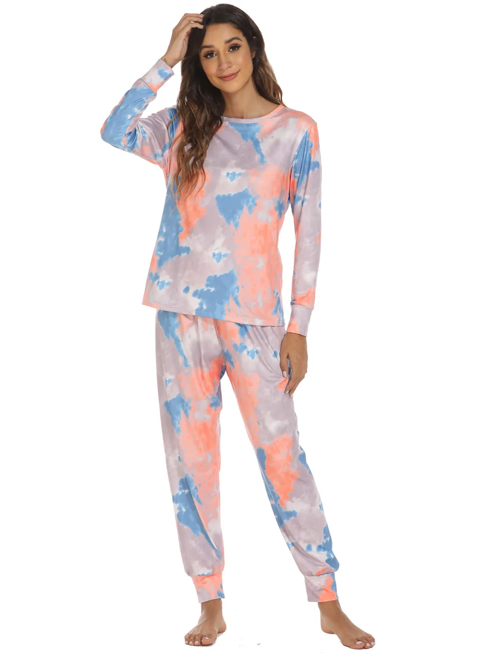 Fashion Tie Dye Pajamas Set Women Two Piece Pullover T-shirt and Pants Sleepwear Casual Loose Female Homewear Clothing Lady Suit