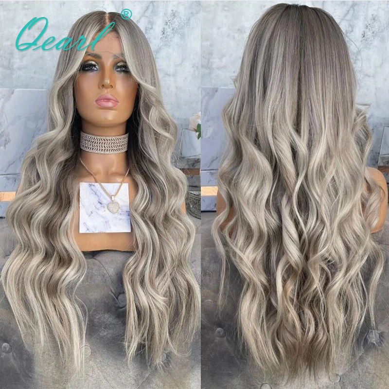 Human Hair Full Lace Wigs Grey Ash Brown Blonde Mixed Lace Front Wig for Women 13x6 HD Lace Frontal Wavy 150% Remy Hair Qearl
