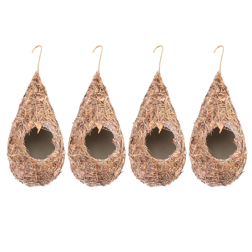 

4 Pcs Simulation Straw Bird's Nest Hanging Breeding Hand Decor Sparrow Artificial Birds For Balcony Grass Hole Wooden House