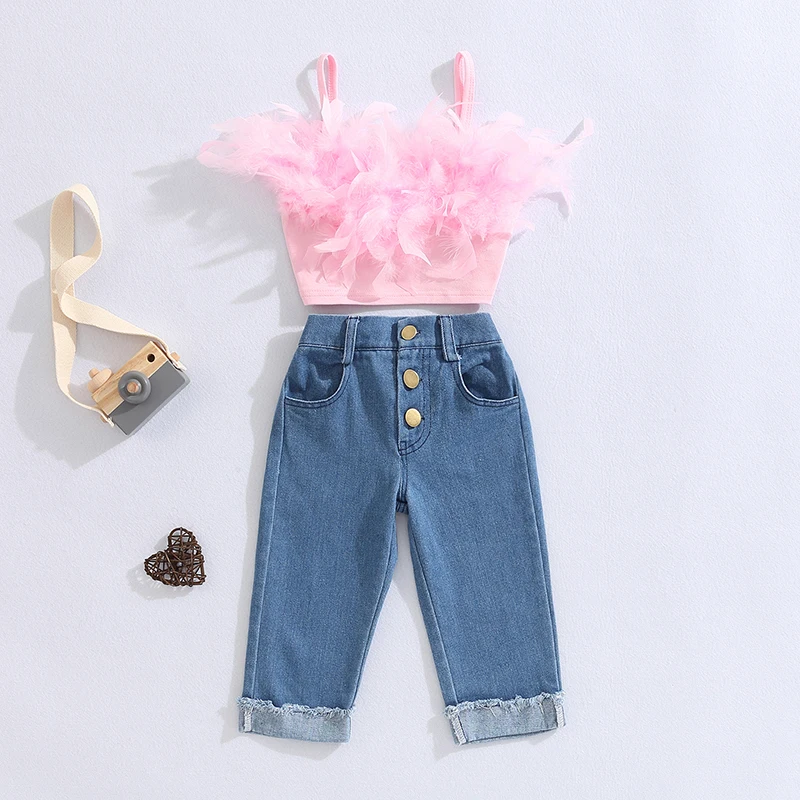 

Fashion Toddler Girls Summer Outfit Pink Sleeveless Feather Camisole Denim Pants with Pockets 2pcs Clothes Set For Children 1-6Y